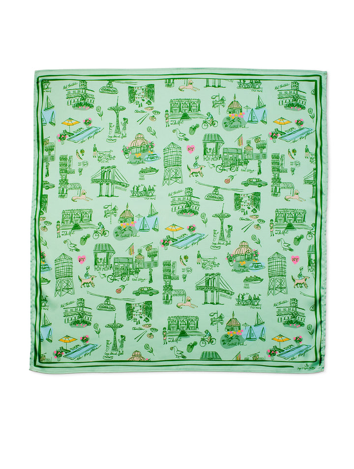 New York Toile Satin Scarf - Green