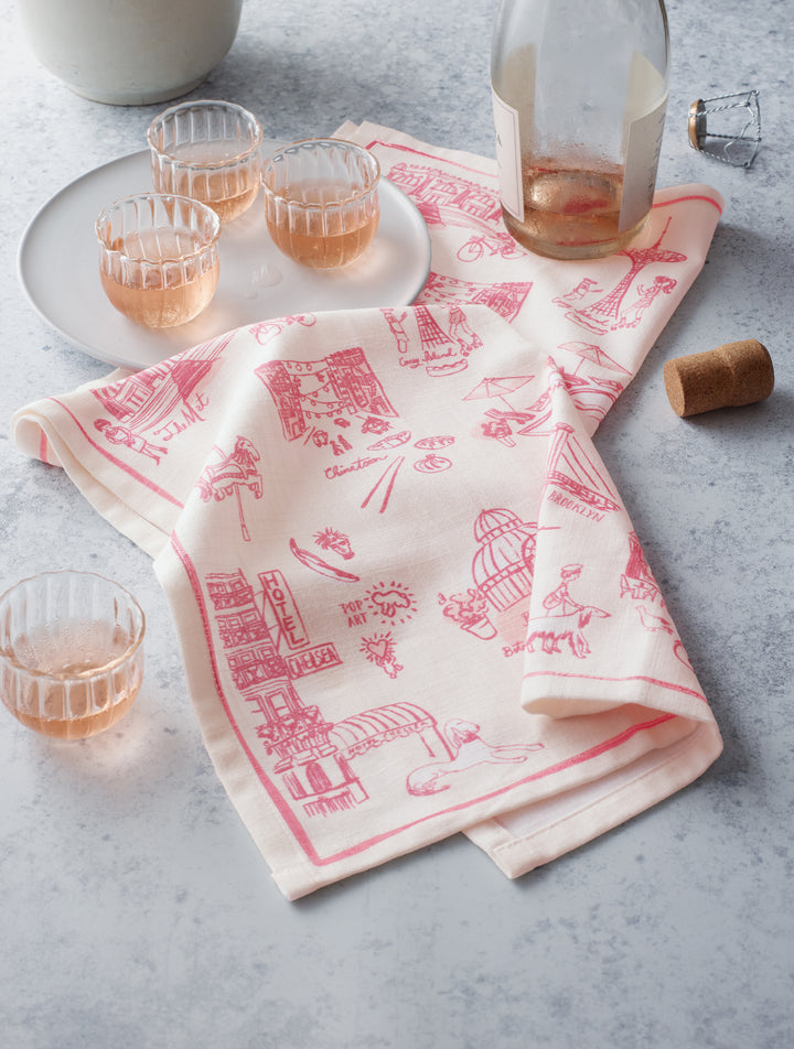 New York Toile Tea Towel - Pink