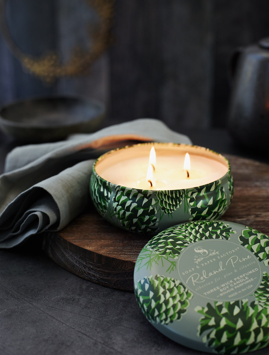 Roland Pine Three-Wick Tin Soy Candle