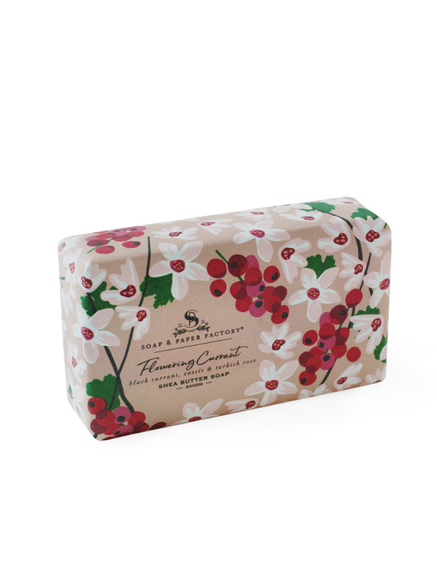 Our extra-gentle 100% vegetable soap is enriched with nourishing Shea Butter for a creamy and luxurious lather. Safe for all skin types.  Flowering Currant offers fruity and tart notes of Currant and Cassis, blended with deep, sultry and Floral Turkish Rose to create a beautiful, exotic blend.   Soap & Paper Factory Shea Butter Soap is free from parabens, phthalates and petrochemicals. Our formulation is vegan, NEVER tested on animals, and made in the USA. Compare to Votivo Red Currant.  