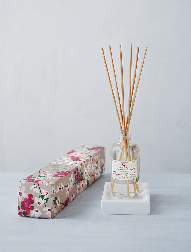 The best way to fragrance every room 24/7! Soap & Paper Factory’s 3.65 oz Reed Diffusers last up to six months and we recommend you flip the reeds often to instantly infuse any space. Additional reeds available for purchase.  Flowering Currant is the perfect balance of tart, crisp notes.