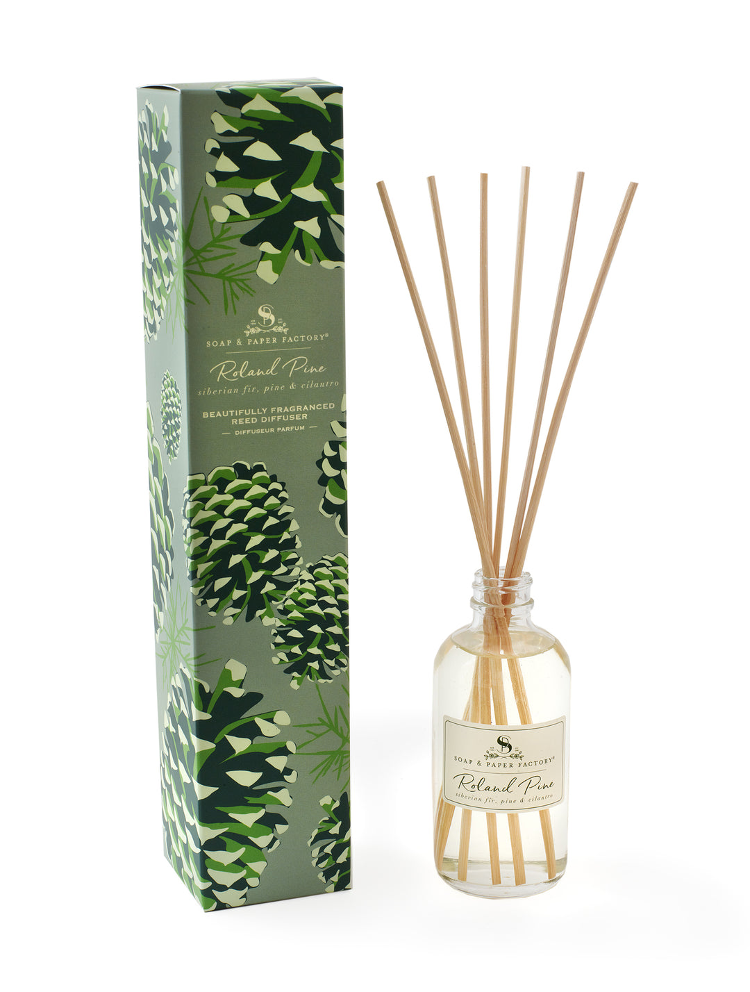 The best way to fragrance every room 24/7! Soap & Paper Factory’s 3.65 oz Reed Diffusers last up to six months and we recommend you flip the reeds often to instantly infuse any space. Additional reeds available for purchase here. Roland Pine is Soap & Paper Factory’s most beloved fragrance. Featuring notes of fresh pine & crisp fir, it's a must for the holiday season, but a favorite year-round.