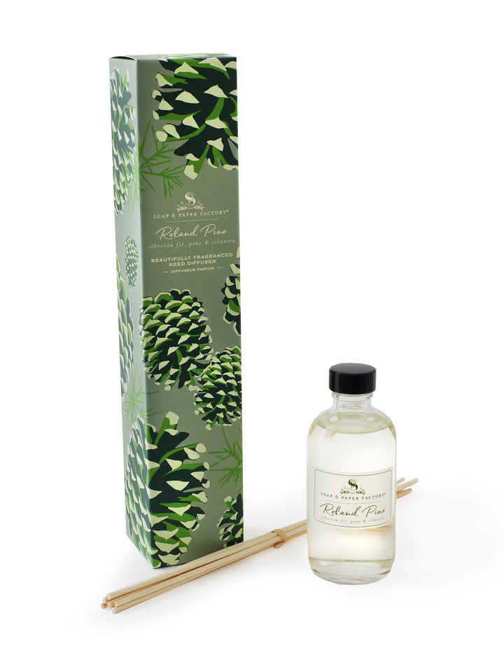 The best way to fragrance every room 24/7! Soap & Paper Factory’s 3.65 oz Reed Diffusers last up to six months and we recommend you flip the reeds often to instantly infuse any space. Additional reeds available for purchase here. Roland Pine is Soap & Paper Factory’s most beloved fragrance. Featuring notes of fresh pine & crisp fir, it's a must for the holiday season, but a favorite year-round.