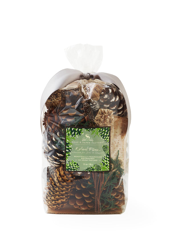 Compare with Thymes Fraiser Fir. Gorgeous woodland potpourri is so beautiful you may think Roland himself went into the woods and made it! Our blend of rustic pine cones, big pieces of "Burch"  and sprigs of juniper bring the forest inside. Enjoy a generous offering of rustic, potpourri drenched in our incredible Roland Pine! Naturally fresh, our potpourri comes in a clear cello bag and pretty custom ribbon, making it a perfect gift! 