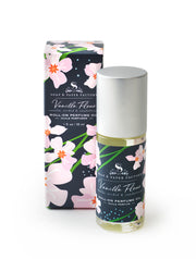 Body oil in Vanilla Fleur, Vanilla bean, Orchid & Sandalwood, made with pure jojoba oil and great for entire body as well as just use as a perfume oil on pressure points.  Large rollerball 1oz, with signature design, whimsy orchids on navy background. Made in USA 