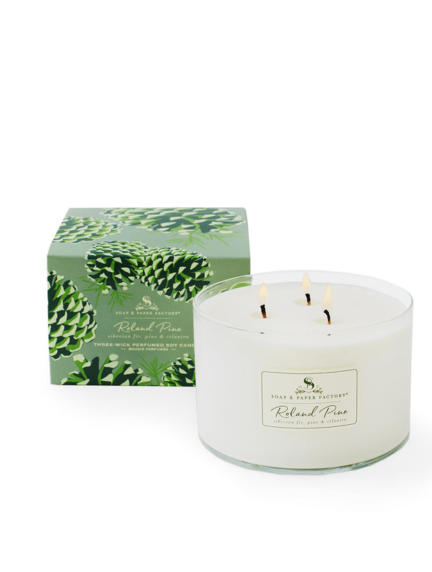 This candle is the mega star of the Roland Pine candles! Our copious soy candle will instantly fill your space with the forest-fresh scent of Roland Pine! Notes of Siberian Fir, Pine boughs and fresh picked Cilantro will turn your space into the happiest pine forest on earth! Triple the throw, with three wicks, a wonderful addition to big and small spaces. The best Christmas candle though It's gorgeous and fresh all year long. Compare to Thymes Fraiser Fir Green 3-Wick Candle. Made in the USA.