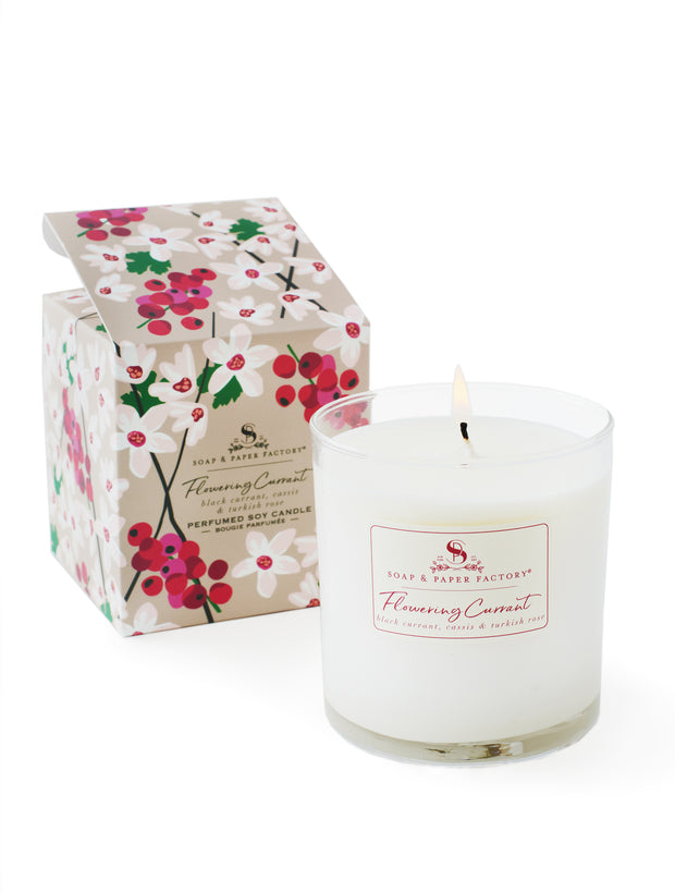 Flowering Currant is the perfect balance of tart, crisp notes of fresh citrus and rich floral. We use cotton wicks and pure soy wax to make our candles because of their clean burning qualities. Every batch of candles is tested for wick optimization, cool and hot fragrance throw & burn times. We make our candles in small batches, and the craftsmanship and quality are unsurpassed. All of our products are made in the USA. This single-wick soy candle burns clean and bright for up to 65 hours.